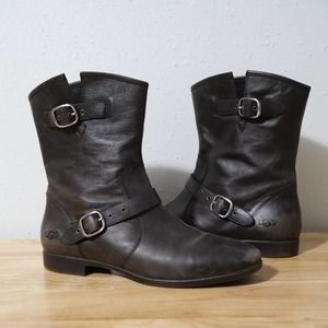 UGG | Grey Brown Leather Moto Ankle Booties w/ Buckles Size 11